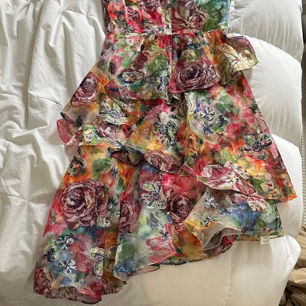 Marchesa Multicolor Embroidery Asymmetrical Tiered Midi Dress - Picture 7 of 7